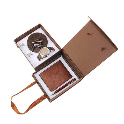 Men's Creative Packed Gift Box Watches Set Quartz Wrist Watch Belt Wallet Cufflinks Pen Suit Mens