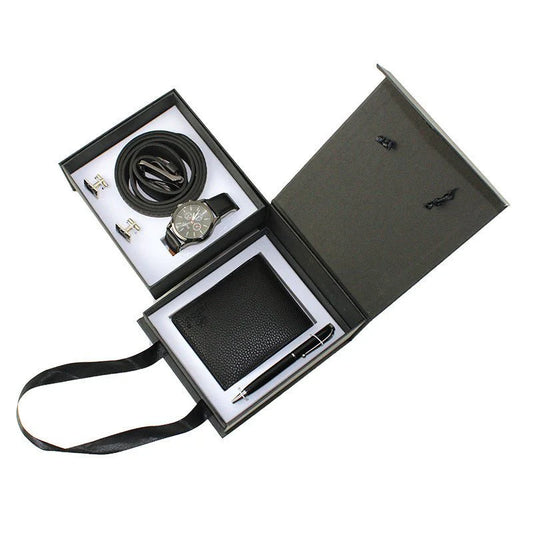Men's Creative Packed Gift Box Watches Set Quartz Wrist Watch Belt Wallet Cufflinks Pen Suit Mens